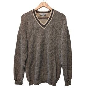 Bullock & Jones Mens Brown Tan Marl Textured V-Neck‎ Sweater Size M Striped Trim